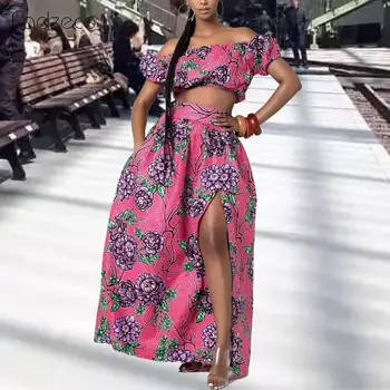 

Fadzeco 2019 African Dress for Women Floral Print Dashiki Bazin Ladies Clothes Sexy Shoulder Off Robe Africaine Bohemia Skirt