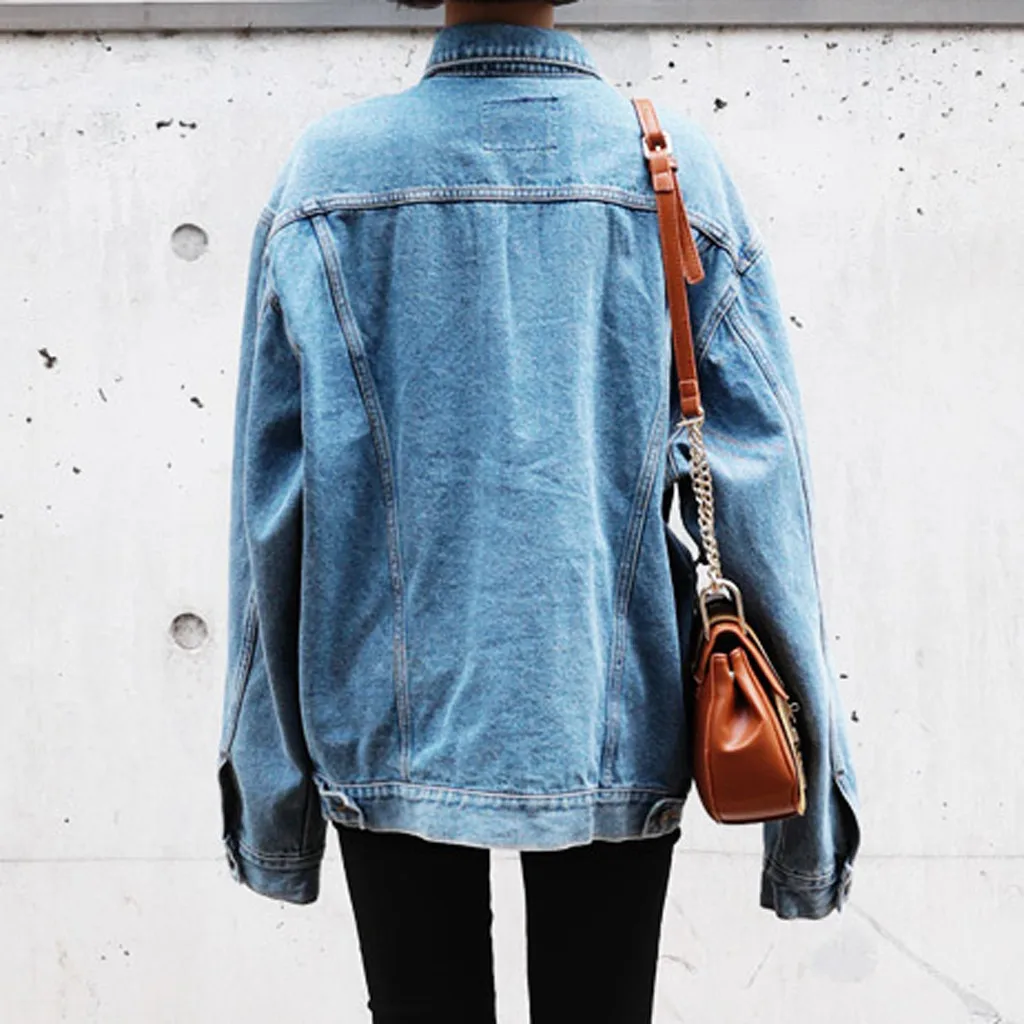 Women Plus Size Denim Jacket Loose Long Sleeve Jeans Coat Retro Cowboy Denim Loose Casual Jacket Loose BF Wind Denim Jacket