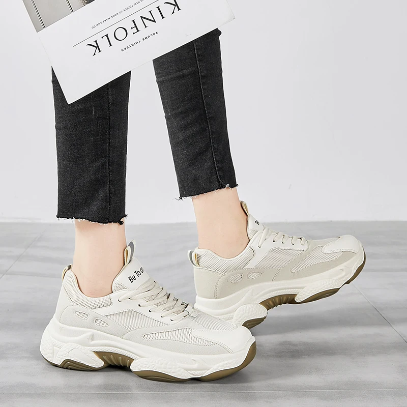 Hemmyi Chunky Sneakers Women 6CM Increased Thick Bottom Platform Women Casual Shoes Breathable Mesh Shoes Woman Beige