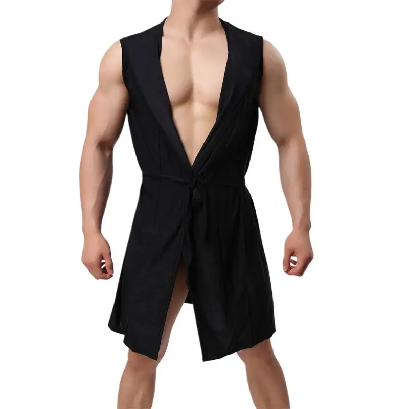 Мужское Летнее шелковое кимоно с капюшоном без рукавов с открытым передом, Легкая однотонная Пижама с поясом B0KD - Цвет: Black