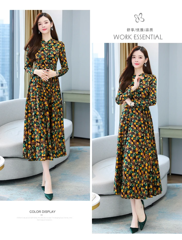 2021 Autumn New Arrival Hot Sale Stand Collar Flower Printed Long Sleeve Knitting Cotton A-LINE  Mid-Calf  Long Dress