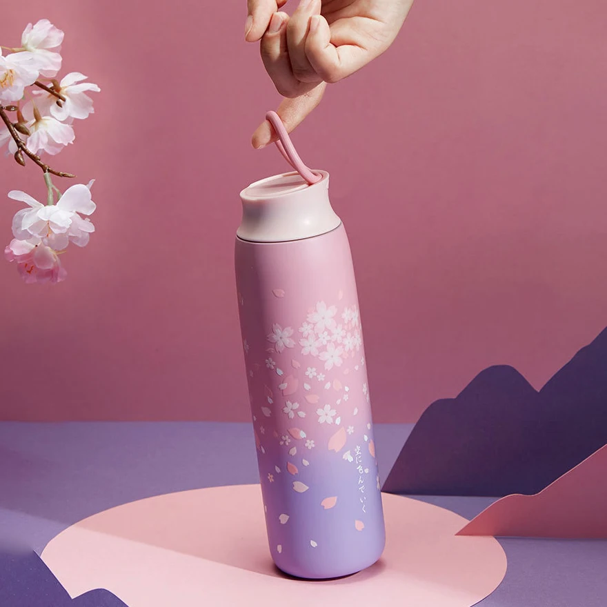 일본식 보온병 보온 텀블러 스테인레스 스틸 여행 머그잔 470ml 큰 물병 체리 진공 플라스크 커피 머그잔