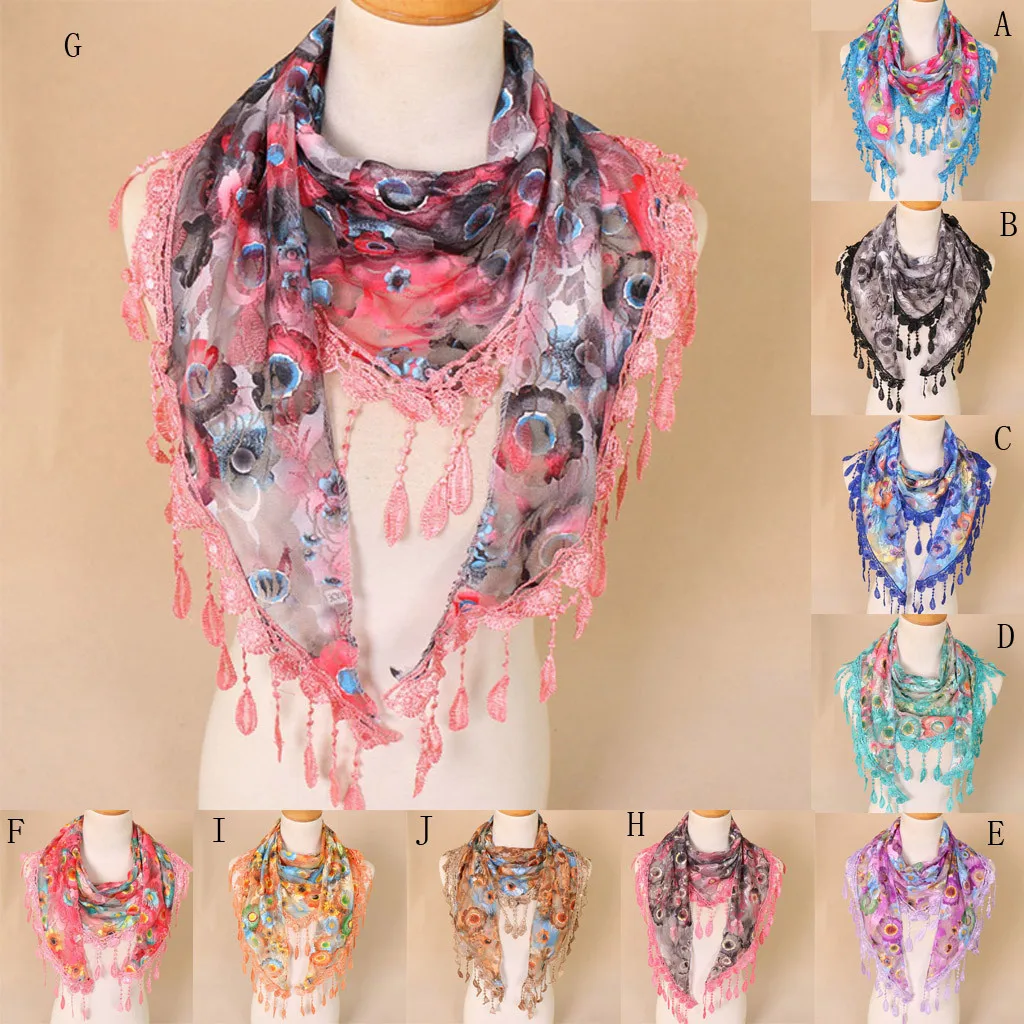 new autumn Winter Women Lace Tassel Floral Multicolor Print Hollow Scarf Shawl Wraps Scarves Jacquard fringed scarves#930