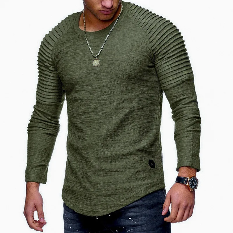 

2020New Fashion Men's Round Neck Slim Solid Color Long-sleeved T-shirt Striped Fold Raglan SleeveT shirt Men Tops Tees