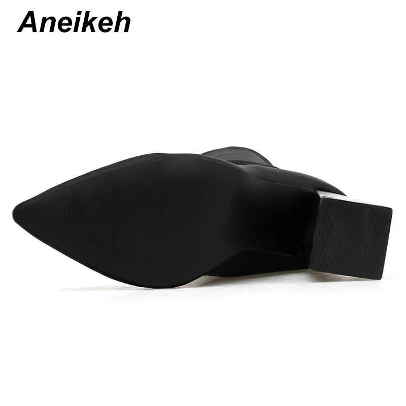 Aneikeh/ г. Классические ботинки «Челси» женские вечерние ботинки до середины икры без застежки с острым носком на высоком квадратном каблуке из PU искусственной кожи черный цвет, размеры 35-42