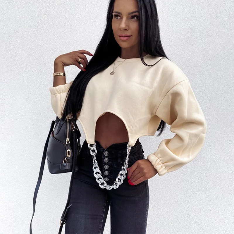 

Spring/Autumn High Street O-collar Crock Sweater Metal Chain Autumn Long Sleeve Loose Street Clothing Hooded Short Pullover