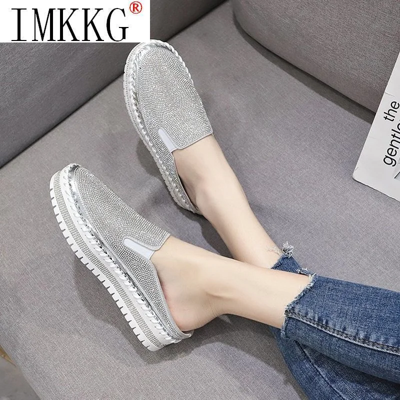 Zapatos planos de cuero con punta redonda y cristales para mujer, ostentosos plateados, par de zapatos de plataforma, planos con estudiantes, talla 43, 2021