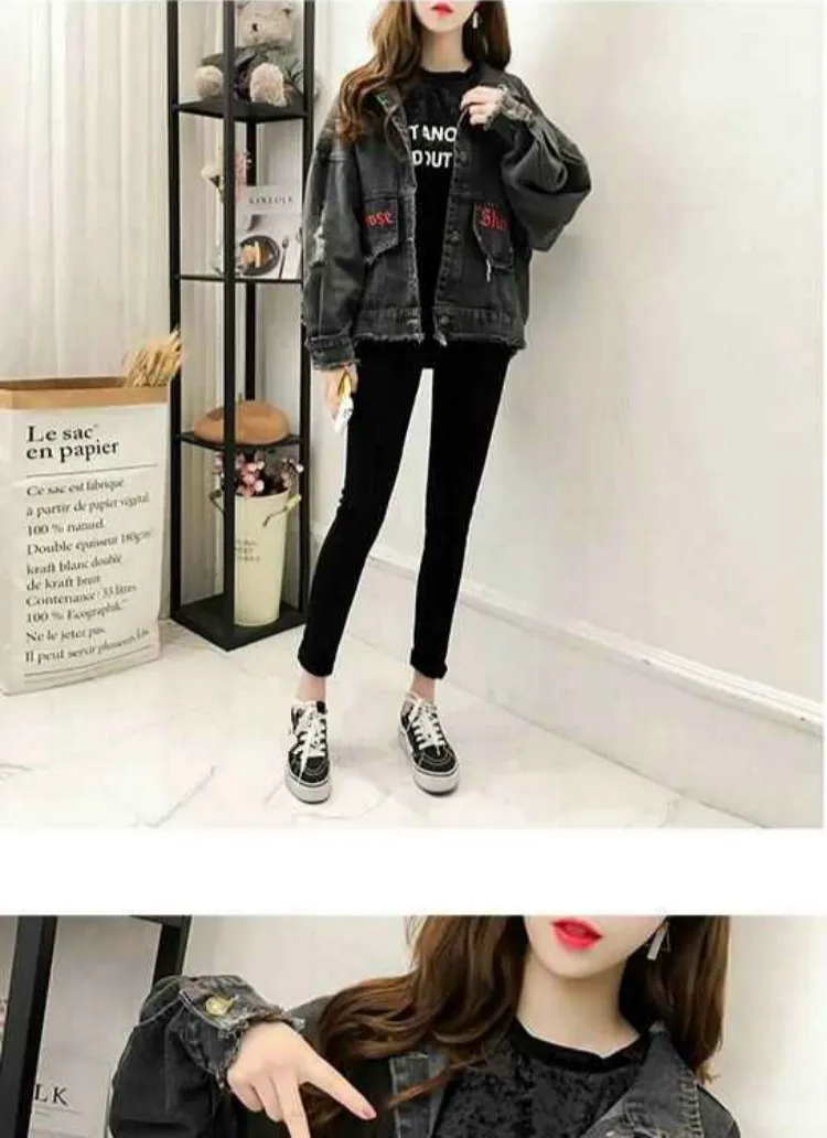 Neploe Харадзюку черное пальто осенняя джинсовая куртка для женщин вышивка письмо потертые рваные джинсовые куртки корейский уличная