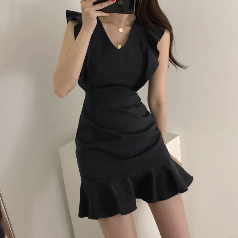 2020 Elegant Plus Size Mini Dresses Women Vintage Trumpet Sleeveless Ruffles Fresh V-Neck Slim Sweet Dress Women Chic Summer
