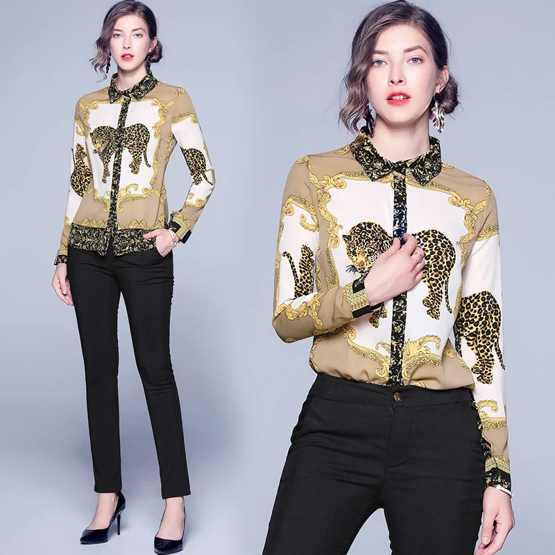 

European Station's New Fashion Orientation Printed Shirts With Flipped Collar, Long Sleeves And White Collar Shirts