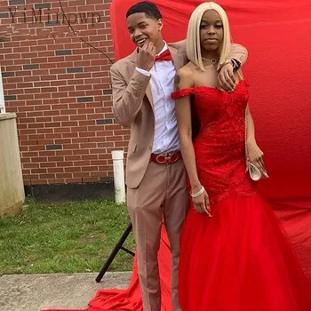 

YiMinpwp Red Mermaid Prom Dresses Long Off Shoulder Sweep Train Appliques Cascading Ruffles Formal Women Evening Gowns Custom