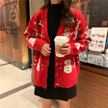 

Christmas Sweater Cardigan Women Snowman Pattern Vintage Cardigans Kawaii Thicken Loose Knitted Outwear Single Breasted W281