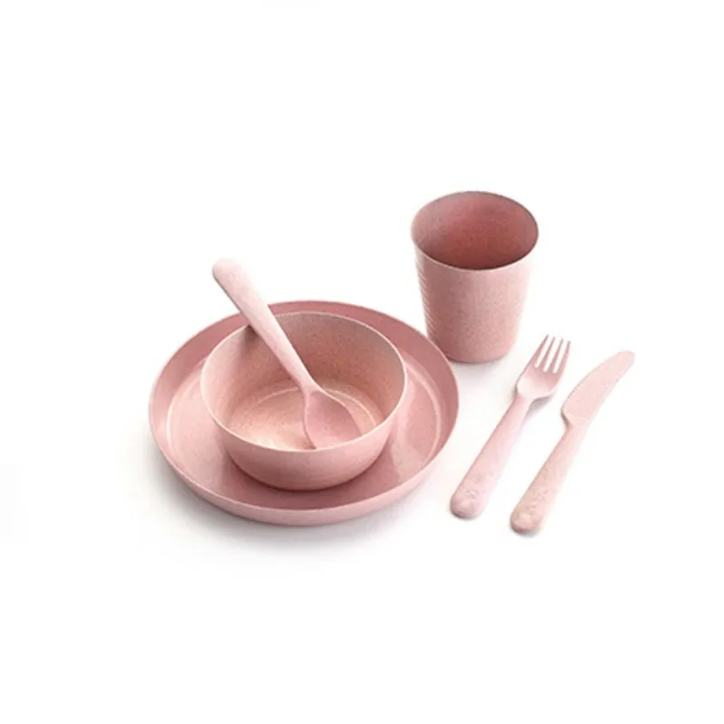 6pcs pink 6 шт./компл. Кухня многоразовые бытовой комплект столовой посуды детская большая ложка Вилка чашка салатный суповой чаши блюдо с изображением пшеничного колоса бледно-желтая посуда - Цвет: 6pcs pink