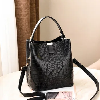 

Retro 2020 New Fashion Female Handbag Handbag PU Crocodile Pattern Large Capacity Bucket Bag Broadband Shoulder Messenger Bag