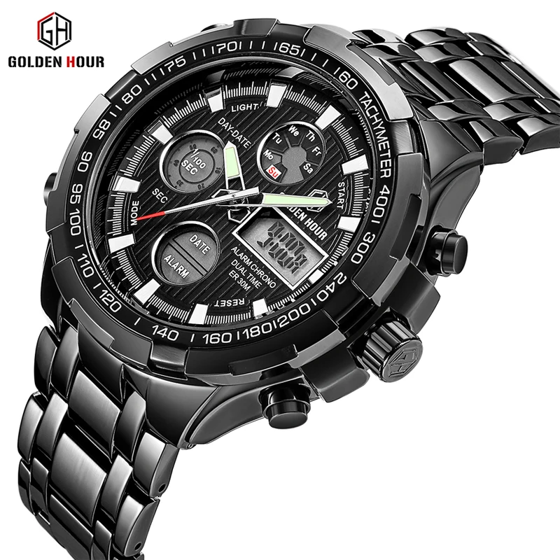 Reloj Hombre GOLDENHOUR черные кварцевые мужские часы zegarek meski цифровые наручные военные