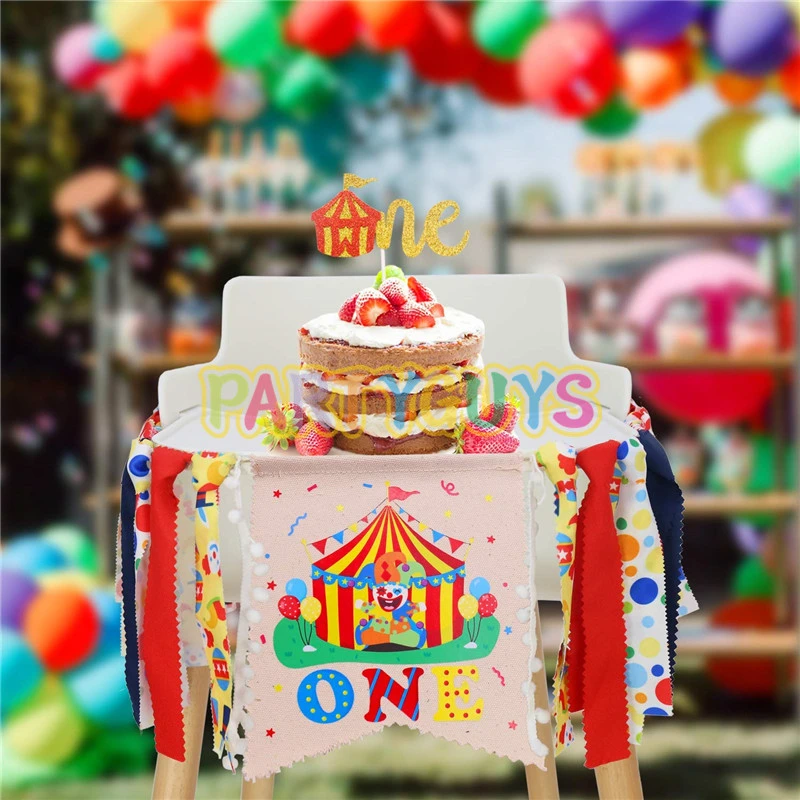 Cirque Carnaval Theme 1st Decorations D Anniversaire Kit Une Chaise Haute Banniere Paillettes Rouge Feutre 1st Anniversaire Gateau Topper Fete Chapeau Aliexpress