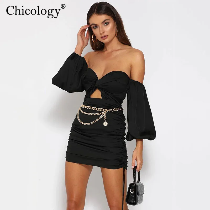 Chicology с открытыми плечами длинное фонари рукавами сексуальные мини платье