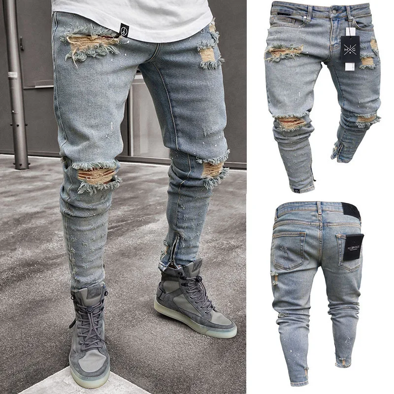 

Men's Clothing Pleated Jeans Fashionable Street Style Skinny Trousers Slim Nostalgic Elastic Hollow Pants