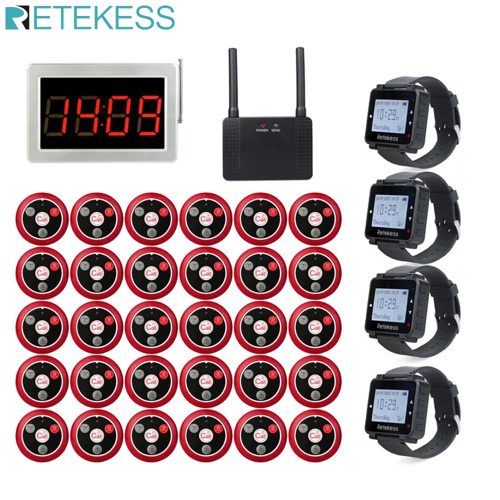 RETEKESS система вызова ресторана беспроводные пейджеры 1 хост приемника+ 4 приемника часов+ 1 ретранслятор сигнала+ 30 Кнопка вызова