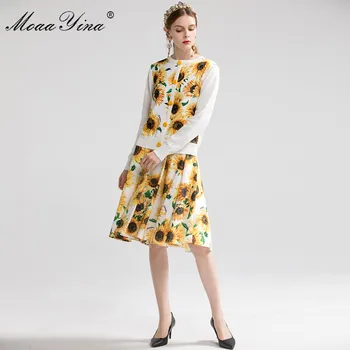 

MoaaYina Fashion Set Autumn Women Long sleeve Sunflower Print Knitting Pullover Sweater+Elegant Skirt Two-piece suit