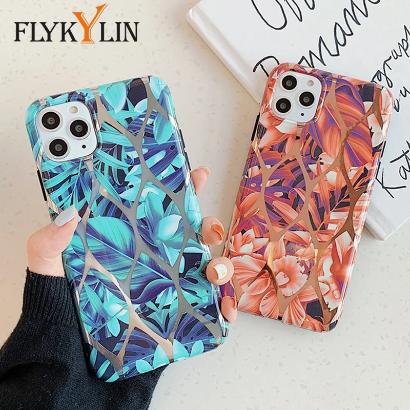 FLYKYLIN Plating Leaf Phone Case For iphone 11 Pro Max 6S 6 7 8 Plus XR X XS Back Cover on Luxury IMD Silicone Coque Shell Skin |