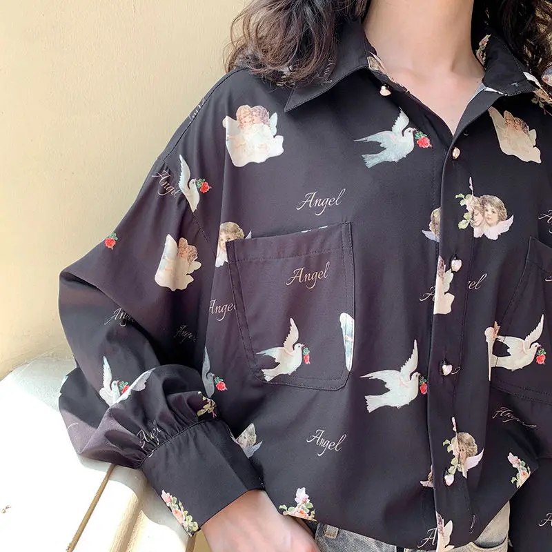 Deeptown Harajuku Angel Print Womens Shirt Vintage Elegant Blouse Women Spring 2020 Lantern Sleeve Female Clothes Loose BF Shirt