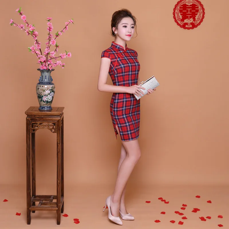 SHENG COCO, женское платье в красно-синюю клетку, Qipao, Повседневное платье в клетку, Cheongsam, Короткое мини китайское Новогоднее платье Чонсам Qi Pao, платья Chipao