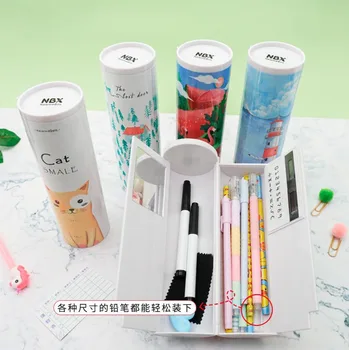 かわいい多機能ペンケーススクール鉛筆ボックスプラスチックの円筒鉛筆電卓ソーラー磁気スイッチ文房具