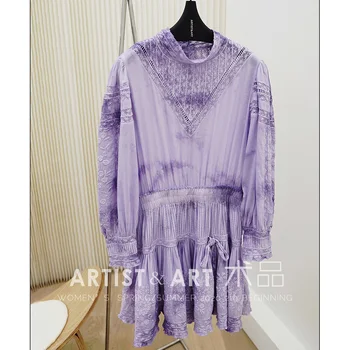 

Svoryxiu 2020 Autumn Winter Fashion Runway Lace Embroidery Dress Women's Elegant Lantern Sleeve Gradient Purple Dresses
