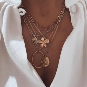 

Tocona Boho Gold Geometric Flower Pendant Necklace Women Jewelry Vintage Layered Long Choker Chain Collier Femme 2019 9045