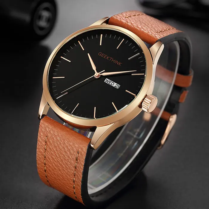 Leather Brown Rose Geekthink военные японские кварцевые часы для мужчин модные повседневные Роскошные Лидирующий бренд Мужские часы Мужские Аналоговые Дизайнерские наручные часы с датой - Цвет: Leather Brown Rose