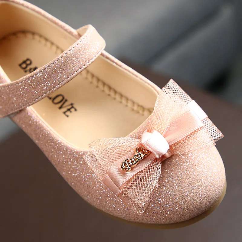 Kids Flats For Girls Shoes Toddlers Little Girl Children Dress Shoes Glitter Leather With Lace Bow-knot Princess Wedding Shoes - 6