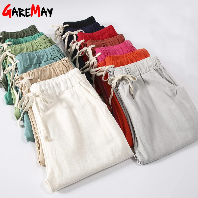 Garemay-pantalones de lino y algodón para mujer, pantalón holgado para mujer, pantalón informal de Color sólido, Harem, Capri de talla grande para mujer