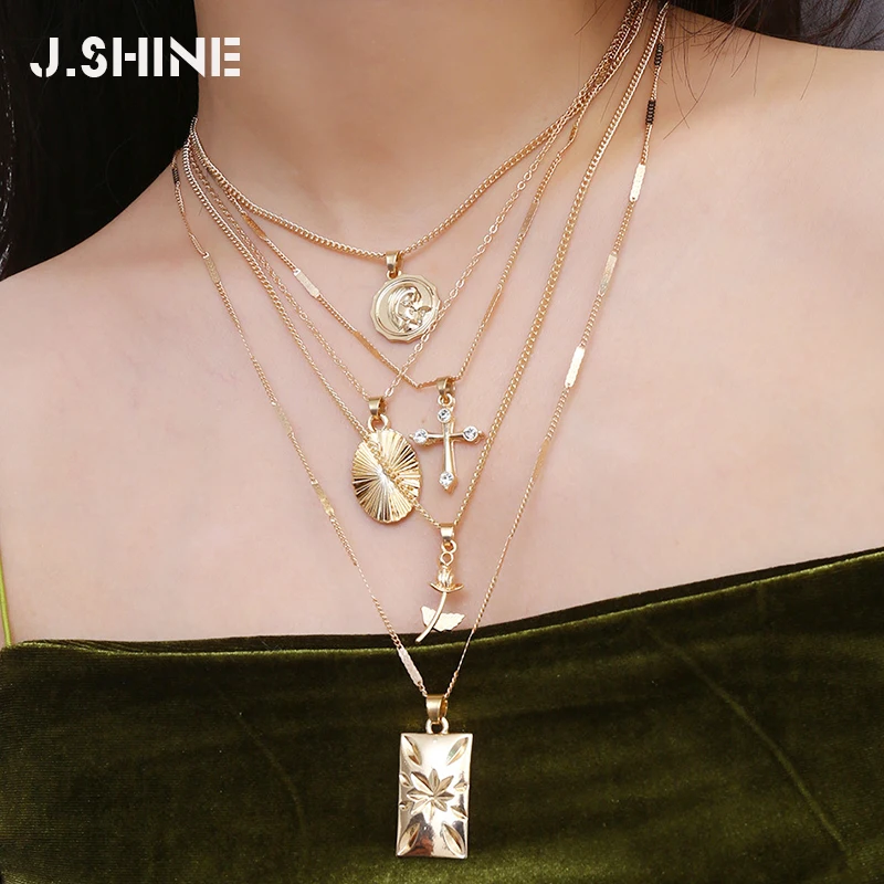 

JShine Layered Rose Cross Pendant Choker Necklaces Set Boho Golden Carve Portrait Coin Pendants for Women Long Chain Necklace