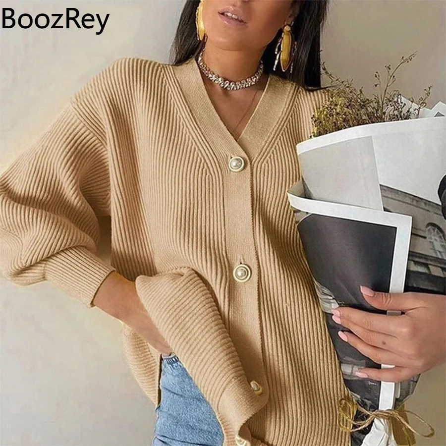 

BoozRey Women White Knitted Sweater Cardigan Mid-length V-neck Long Sleeve Casual Fashion Single-breasted Jacket Cardigans