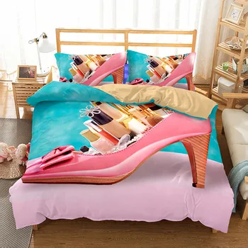 

Reactive Printed 3D Duvet Cover Set Single Double King Makeup Brush Lipstick Cosmatic in High Heels Bedding Set for Girls Women