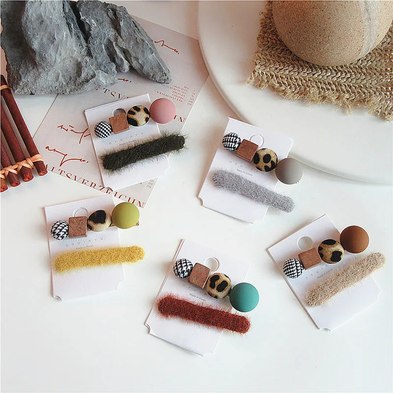 Korea New Hair Accessories Vintage Leopard Button Faux Fur Barrettes Hair Clips For Women Hairgrips Sets
