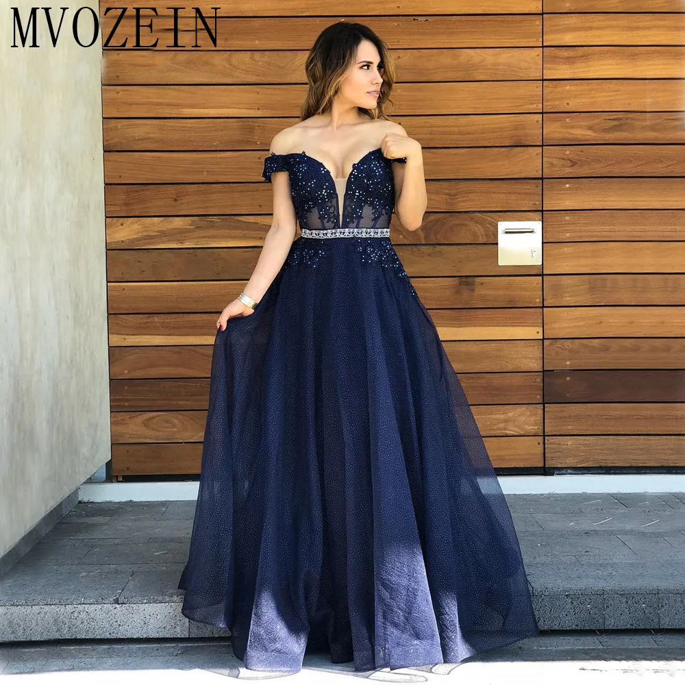 Vestidos темно-синее длинное вечернее платье с открытыми плечами, украшенное бисером, кружевное платье трапециевидной формы, очаровательные платья для выпускного вечера