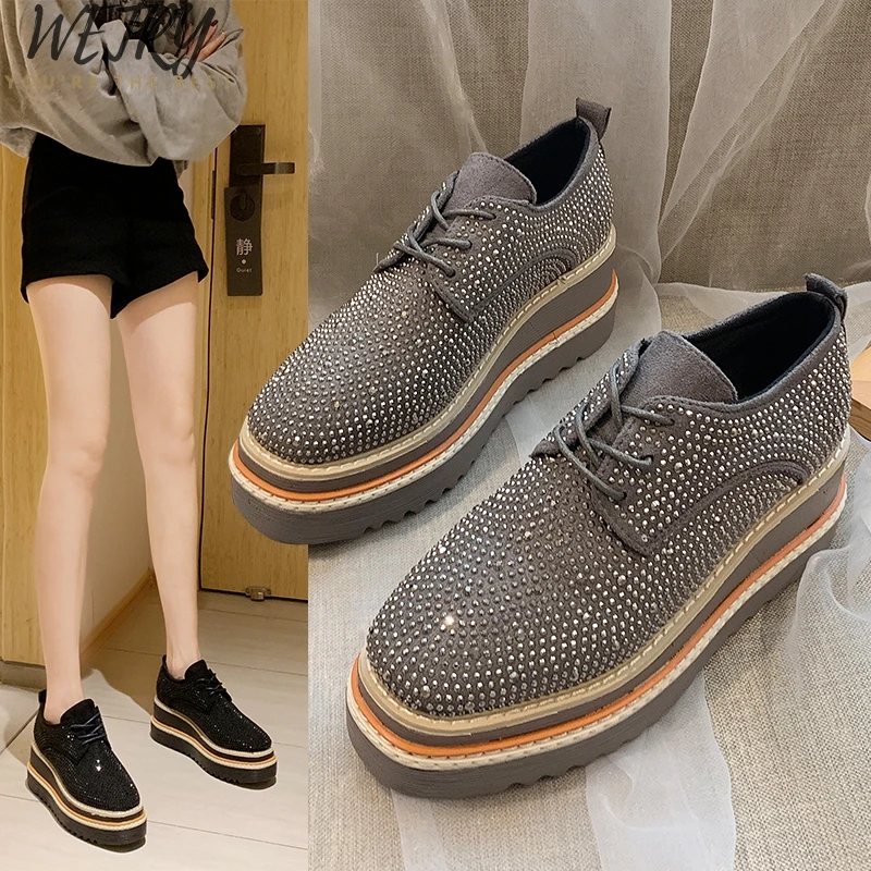 

Spring Women Shoes Flat Platforms Rhinestone Lace-Up Wedges Sneakers Ladies Oxfords Woman Flats Casual Crystal
