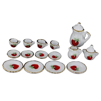 

1/12 Dollhouse Miniature Dining Ware Porcelain Tea Set 15pc Strawberry Pattern