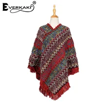 Everkaki кисточки Boho вязаный свитер шаль для женщин Обертывания толстый теплый богемный свитер шаль обертывания женский осень зима