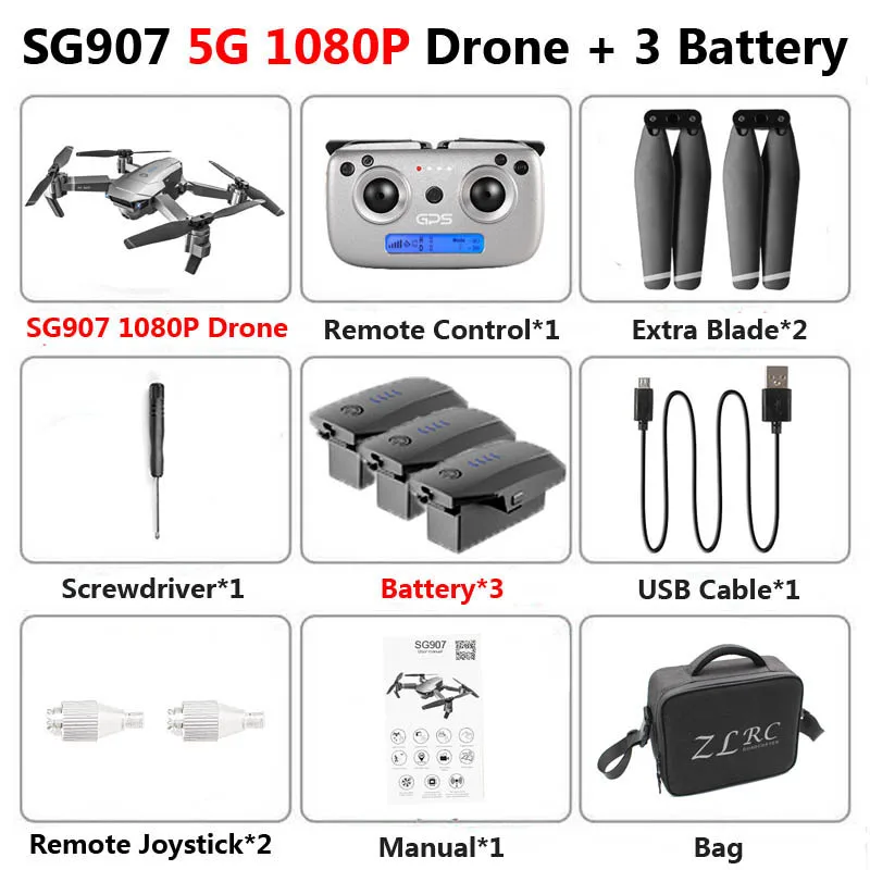 SG907 5G gps складной Профессиональный Дрон с двойной камерой 1080P 4K HD 50X зум WiFi FPV широкий угол RC Квадрокоптер вертолет игрушки - Цвет: 5G 1080P 3B Bag