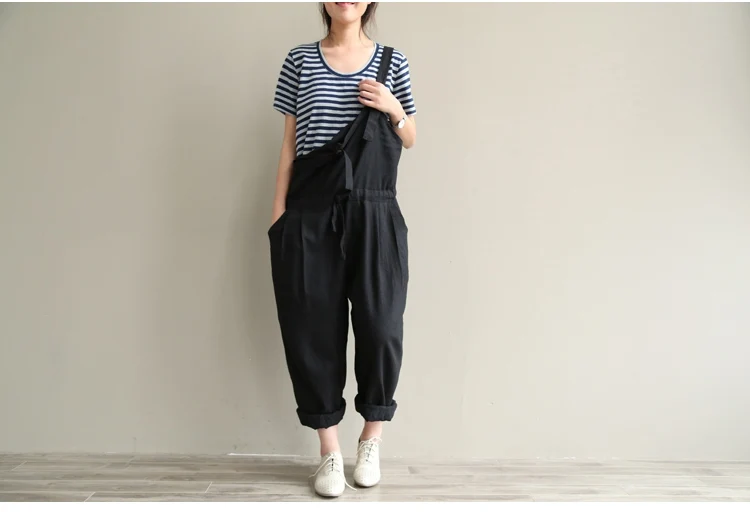 Spring and Summer Literature Cotton Trousers Plus Size Casual Black Overalls Pants Women Slim Wide Leg Harem Pants AH201
