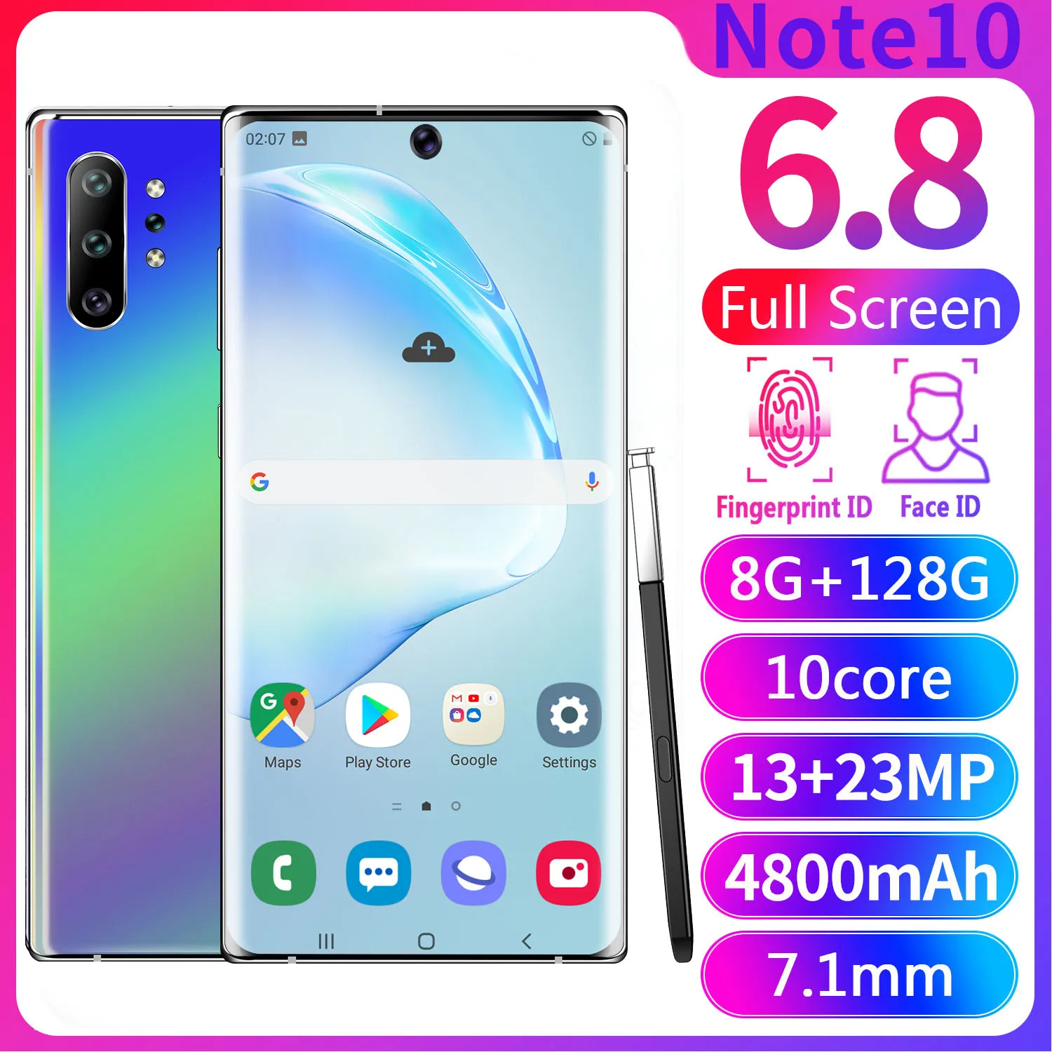 NOTE10 + 6.5 Inch Full Screen Mobile Phone 13+23MP Face ID MTK6595 Smart Phones 8GB+128GB 8GB+256GB ROM 4800mAh Battery Celular