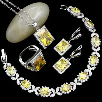 

925 Sterling Silver Jewelry Sets For Women Lemon Yellow Cubic Zirconia White Crystal Earrings/Pendant/Necklace/Ring/Bracelet Set