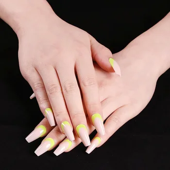 

24pcs Long Style Ballet French Opposite Fluorescent Yellow Fake Nails press on Girls Wearable Manicure Hands Decoration TN