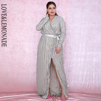 

LOVE&LEMONADE PLUS SIZE Sexy Siler Deep V-neck Stripes Glitter Gued Cross Maxi Dresses LM6546PLUS
