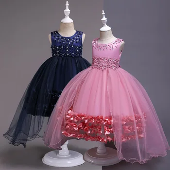 

Girls Tulle Lace Ball Gowns Elegant Beaded Trailing hem petals girls Wedding Birthday Forks Party Dresses For 4 6 8 10 12 Years