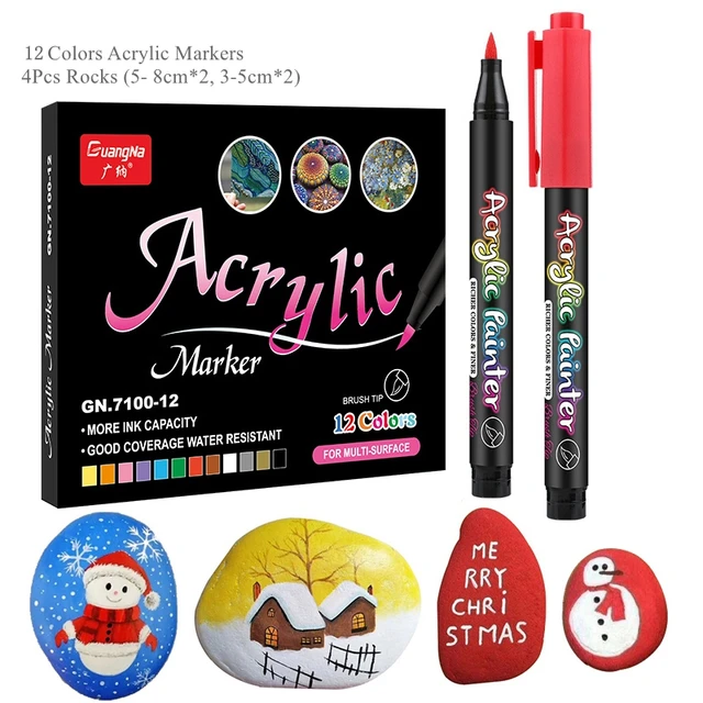 36 Colors Acrylic Paint Pens Acrylic Brush Marker Pens for Rock Painting, Stone, Ceramic, Glass, Wood, Canvas ,DIY Card Making. 12 pens-4 stones