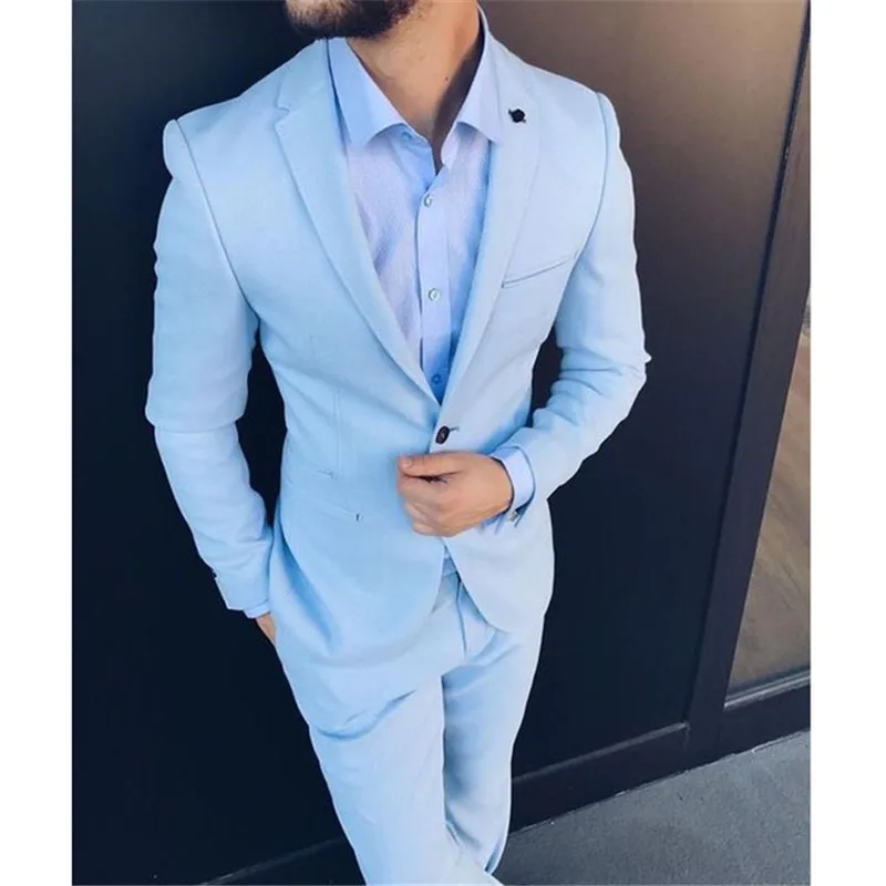 

Slim Fit Men Suits for Wedding Prom Tuxedos 2020 Light Sky Blue 2 Piece Jacket Pants Male Suit Set Man Stage Clothes